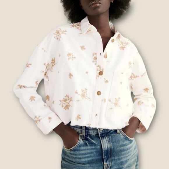 Zara White Gold Cropped Denim Jean Overshirt Button Down Jacket - Picture 1 of 9